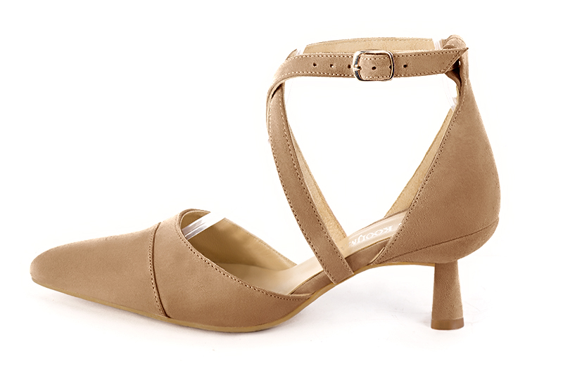 Tan beige women's open side shoes, with crossed straps. Tapered toe. Medium spool heels. Profile view - Florence KOOIJMAN